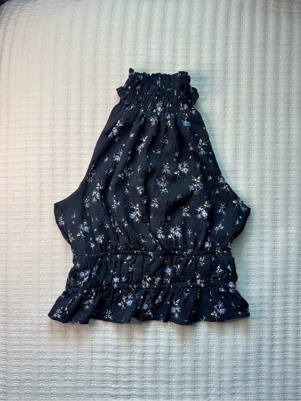 And Now This Black with Blue Florals Smocked Halter Top Blouse size S